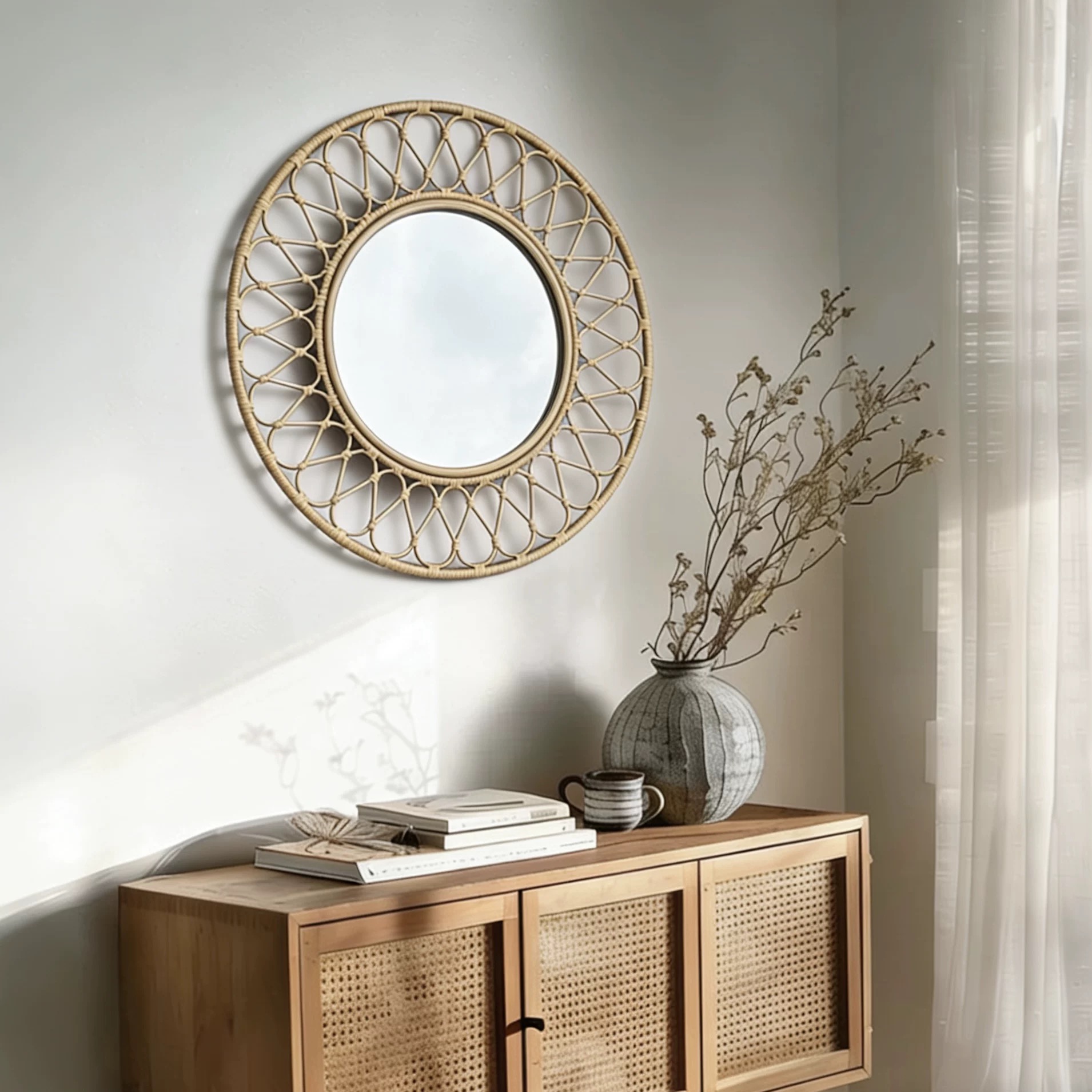 Round Rattan Wall Mirror, Natu - Rattan Mirror Round ulasan dan harga