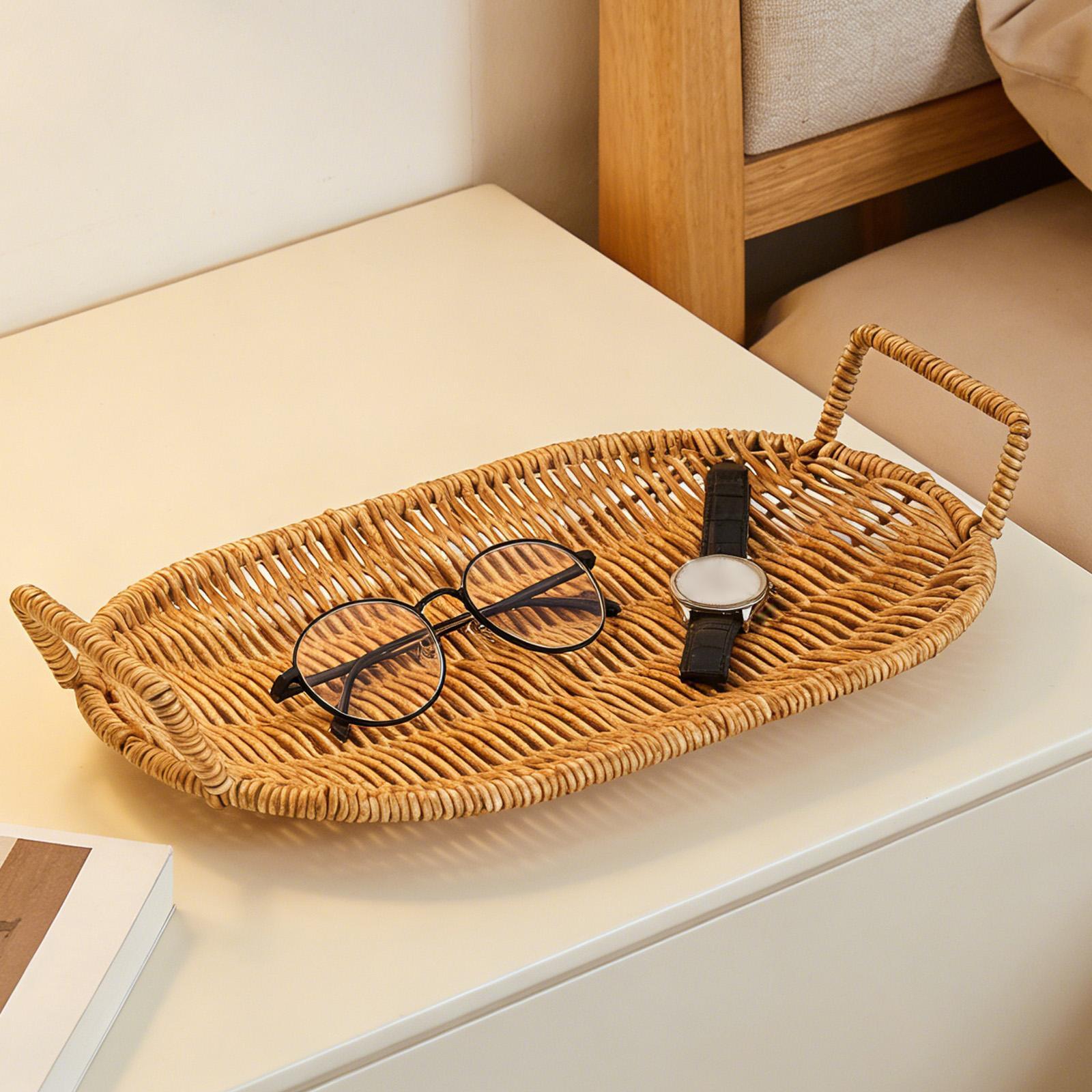 Woven Fruit Bowl Oval Bread Ba - Rattan Tray Handle ulasan dan harga