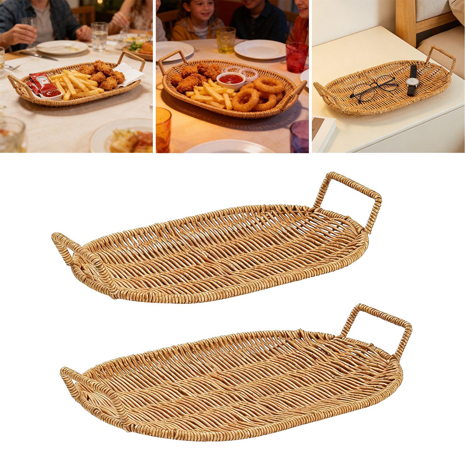 Woven Fruit Bowl Oval Bread Ba - Rattan Tray Handle ulasan dan harga