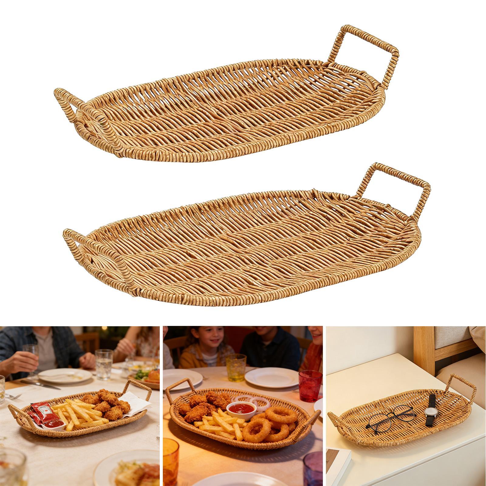 Woven Fruit Bowl Oval Bread Ba - Rattan Tray Handle ulasan dan harga