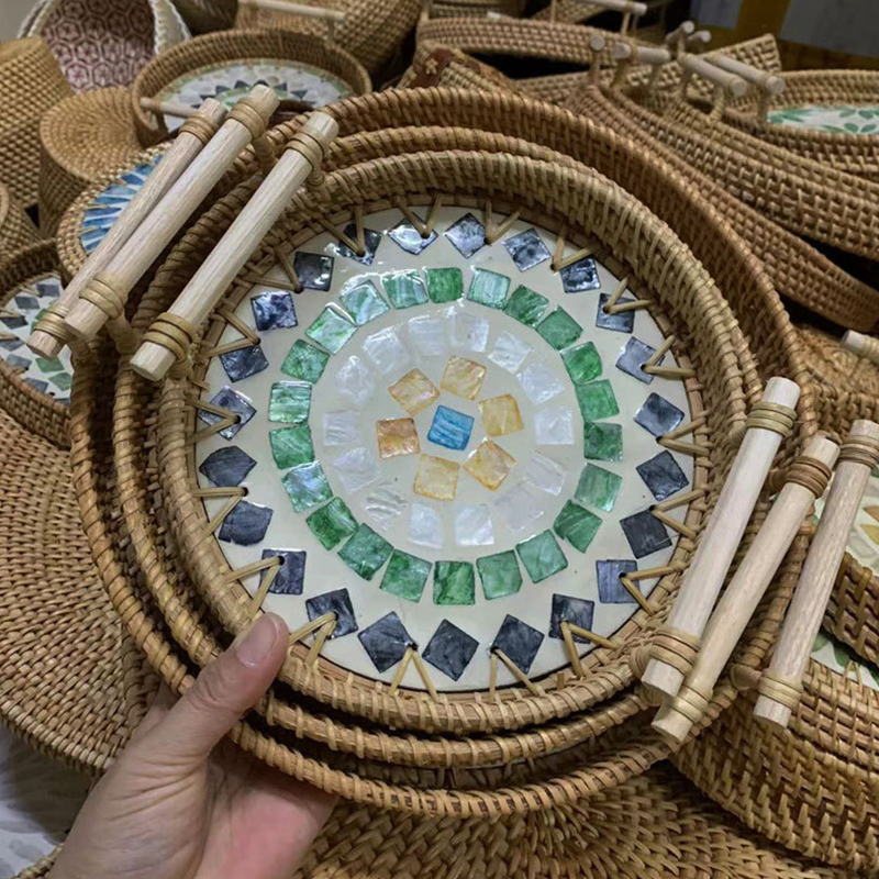 Vintage Handmade Rattan Woven  - Rattan Tray Handle ulasan dan harga
