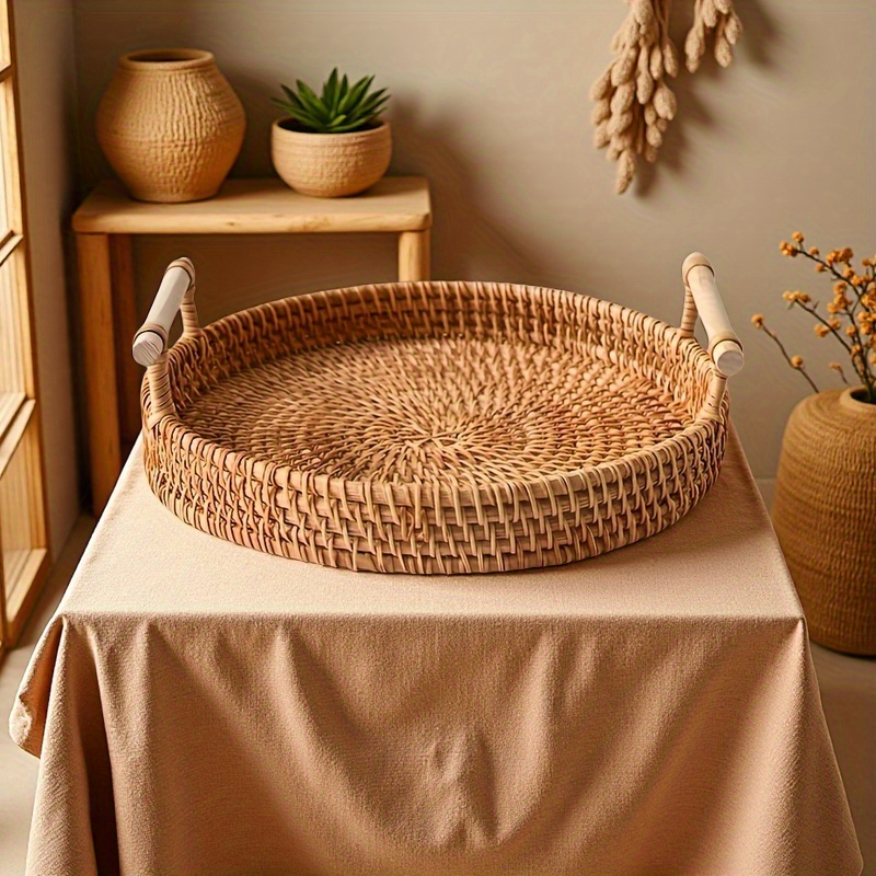 Handmade Rattan Round Tray wit - Rattan Tray Handle ulasan dan harga