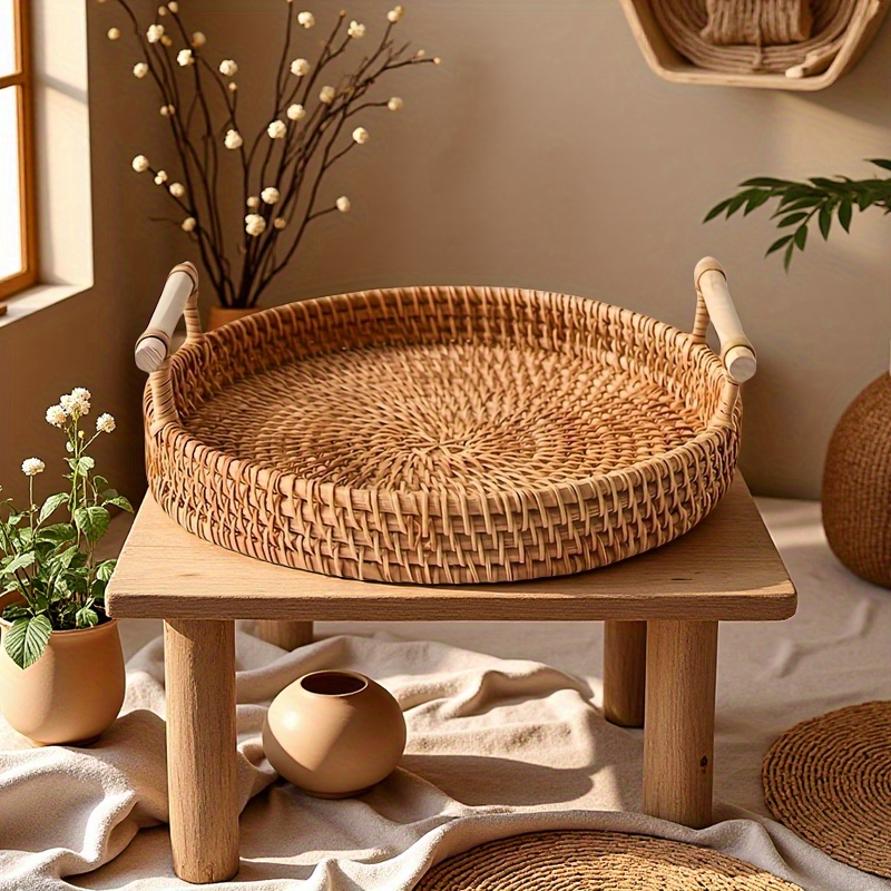 Handmade Rattan Round Tray wit - Rattan Tray Handle ulasan dan harga