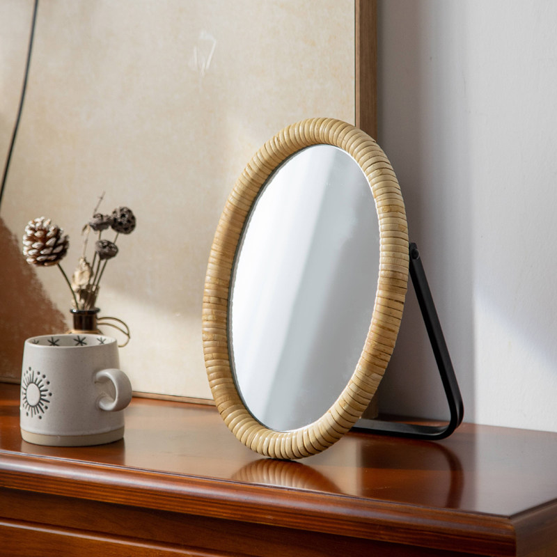 Rattan table bracket makeup ta - Rattan Mirror Round ulasan dan harga