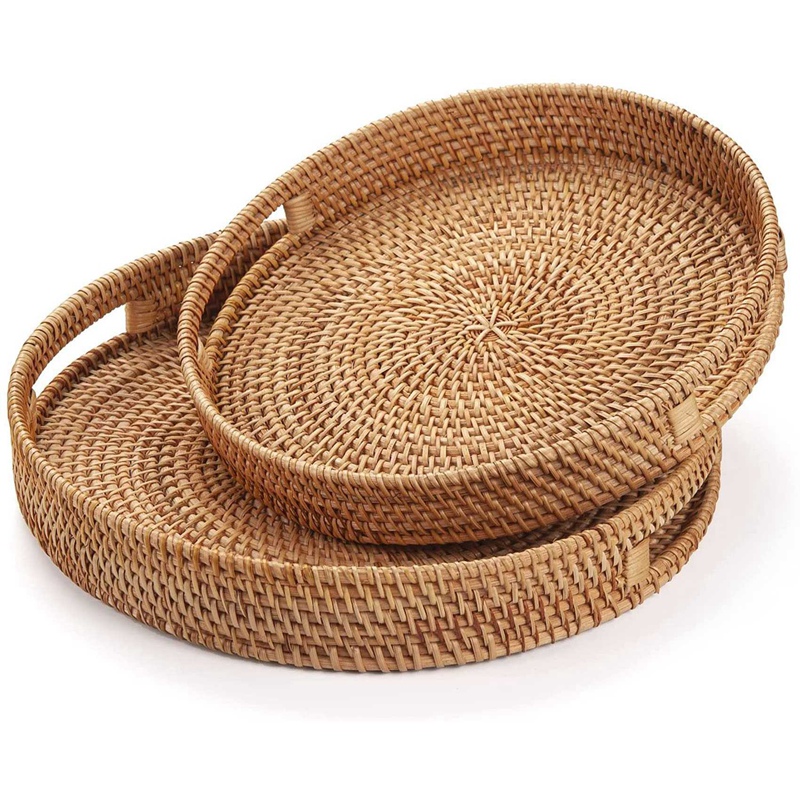 Round Rattan Serving Tray Deco - Rattan Tray Handle ulasan dan harga